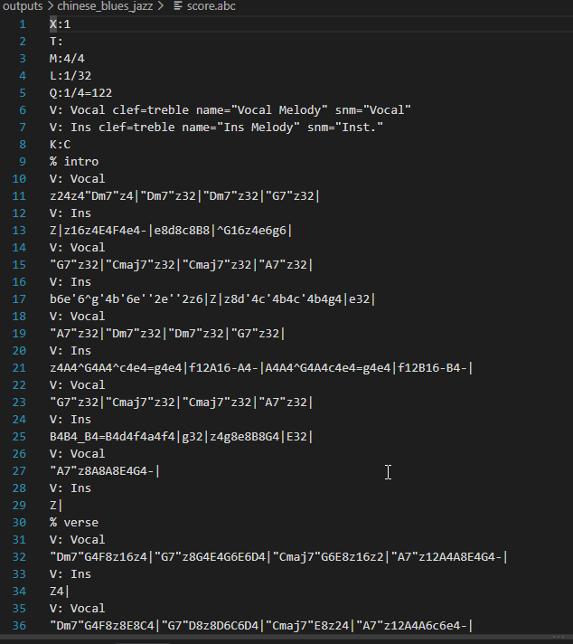 VS Code 编辑器中查看生成的 ABC 乐谱代码