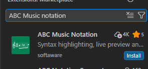VS Code 搜索并安装 ABC Music Notation 乐谱扩展